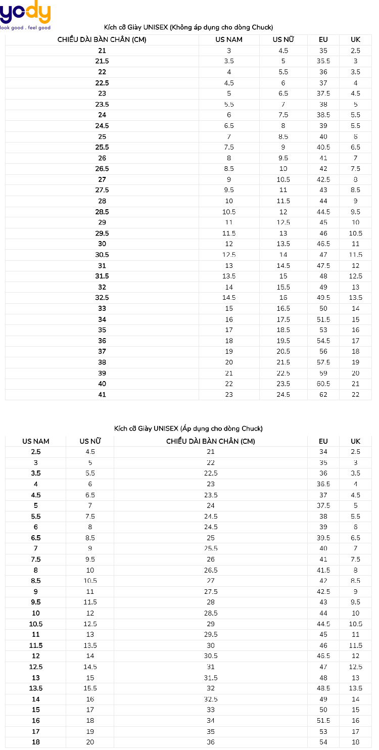 Bảng size giày Converse