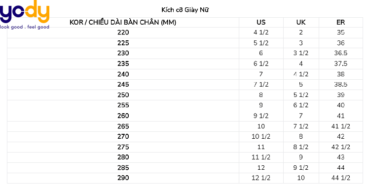 Bảng size giày Fila nữ