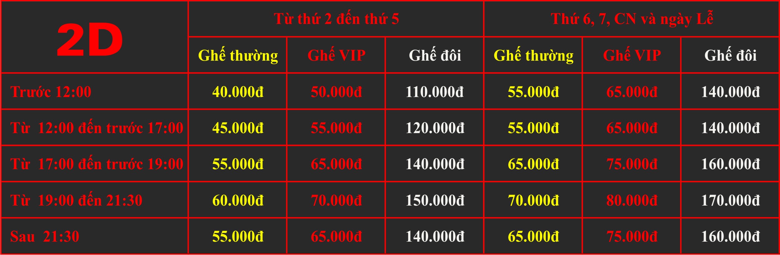 Giá vé rạp chiếu phim Quốc Gia