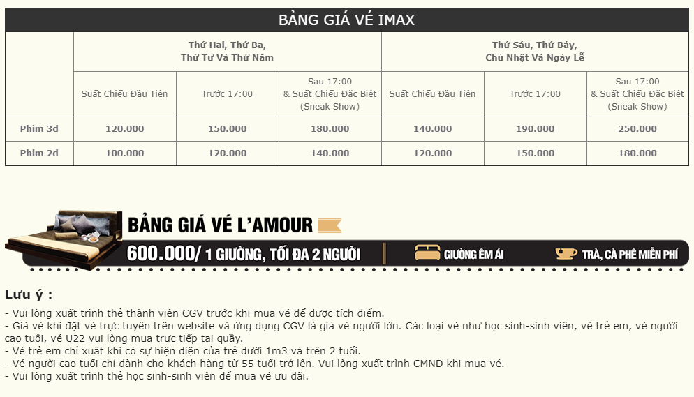 Giá vé CGV Hà Nội Imax 2D và 3D