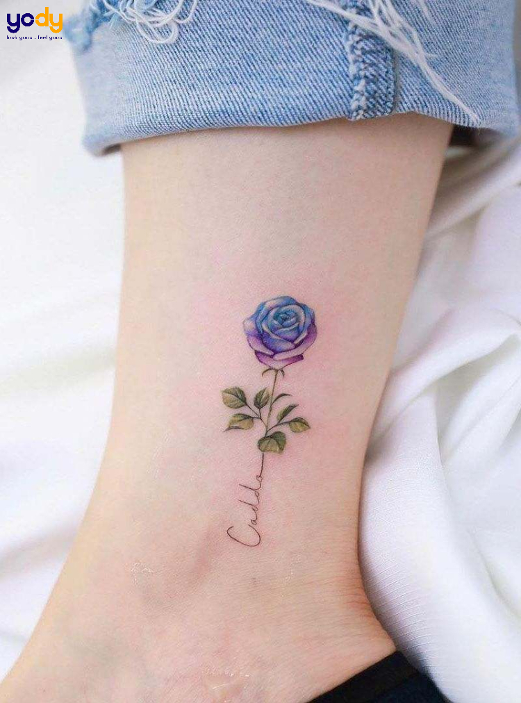 Tattoo bông hồng xanh cùng dòng chữ ý nghĩa