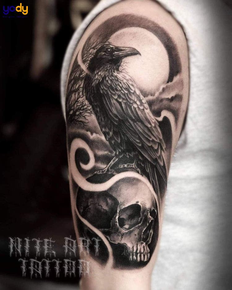 Tattoo đầu lâu cùng con quạ cực deep