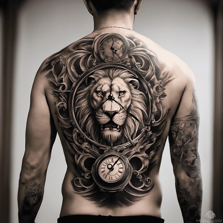 Tattoo đồng hồ kín lưng hình sư tử oai hùng