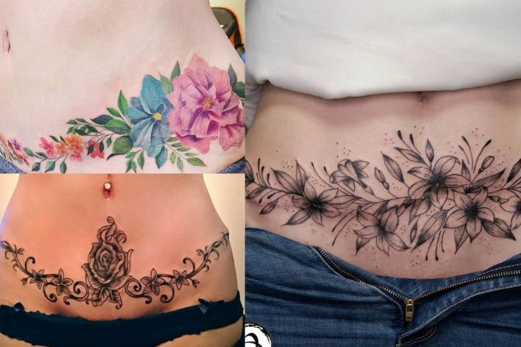 Tattoo nửa bụng cho nữ hình hoa chân thực
