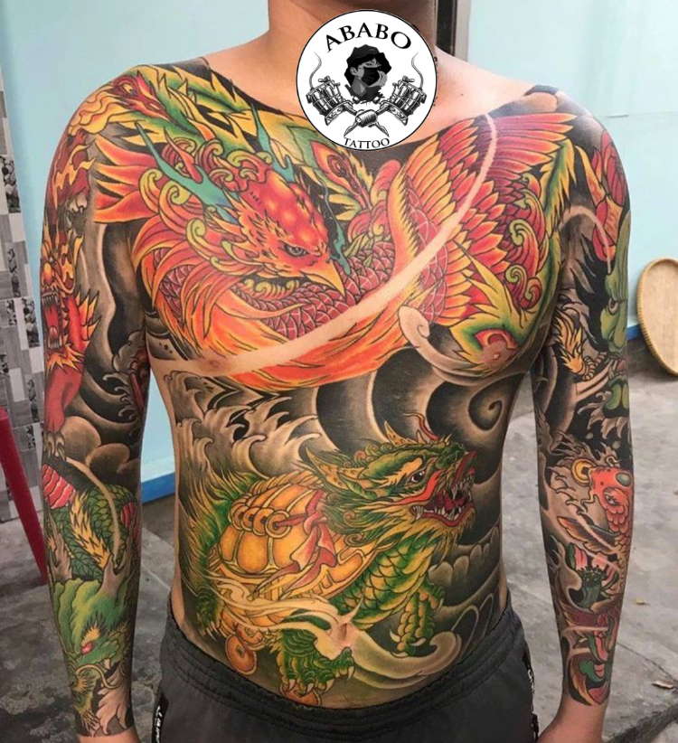 Tattoo Tứ Linh full tay, ngực màu sắc chân thực