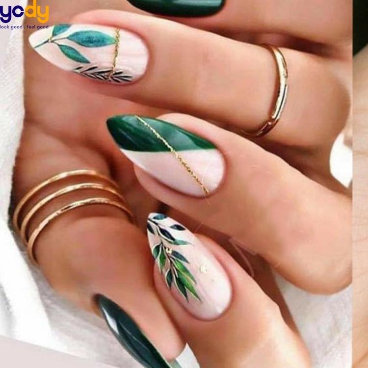 Nail xanh lá hoạ tiết hoa lá