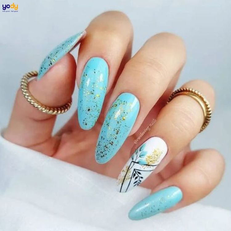  Nail màu xanh ngọc mix kim tuyến 