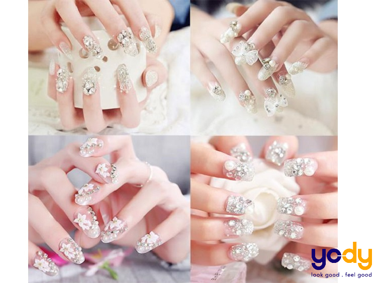 Nail trắng đính hoa đá đẹp