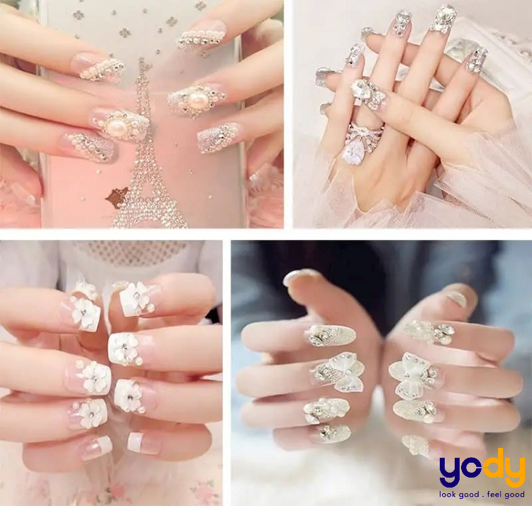 Mẫu nail trắng đính đá