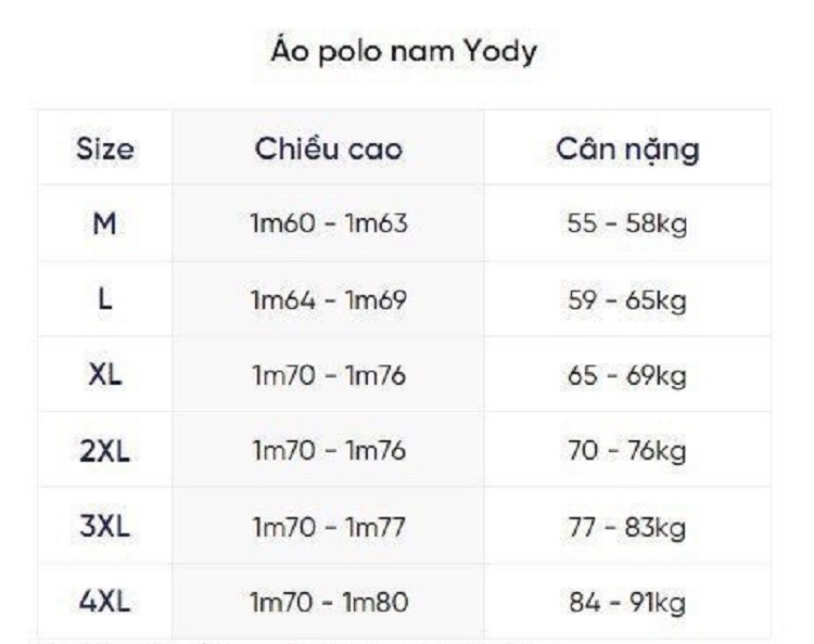 Áo polo size xl là bao nhiêu kg