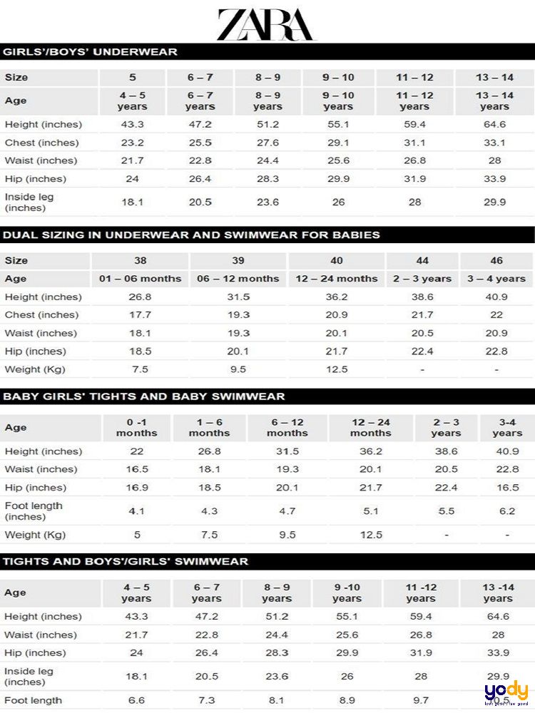 Bảng size thương hiệu Zara