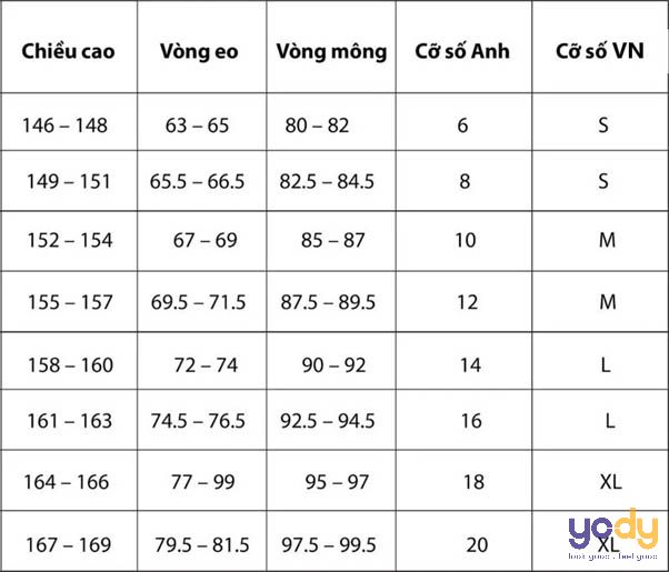 Bảng size quần âu nữ