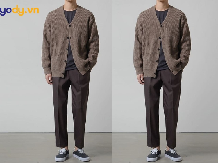 Phối đồ với áo Cardigan mỏng cùng áo slim fit và quần Tây